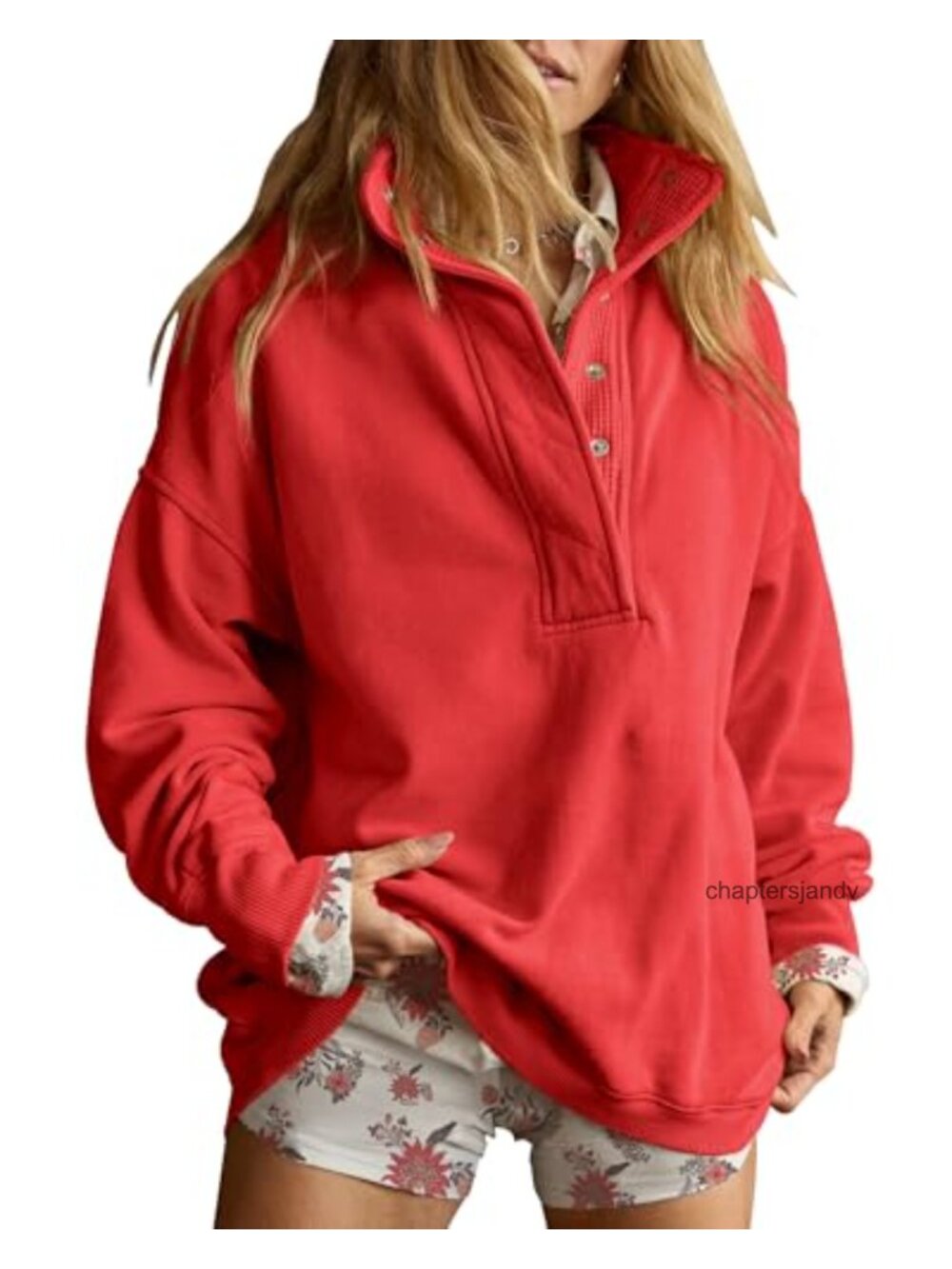 Oversized Henley Neck Pullover Sweatshirt Snap Buttons Drop Shoulder